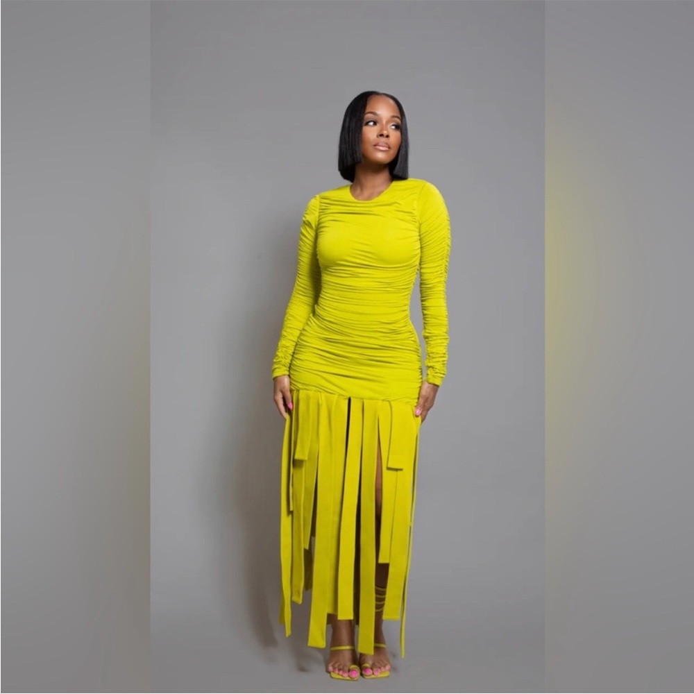 Vibrant Yellow Ruched Dress with Fringe - Picture 2 of 2